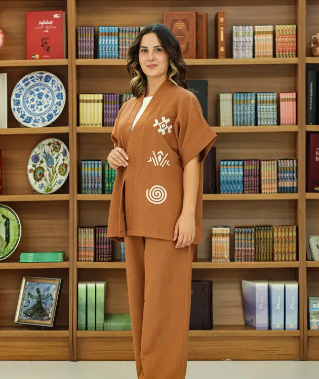 Kadın Keten Kimono Takım - ZNBKKNTKM04-Kahverengi-6