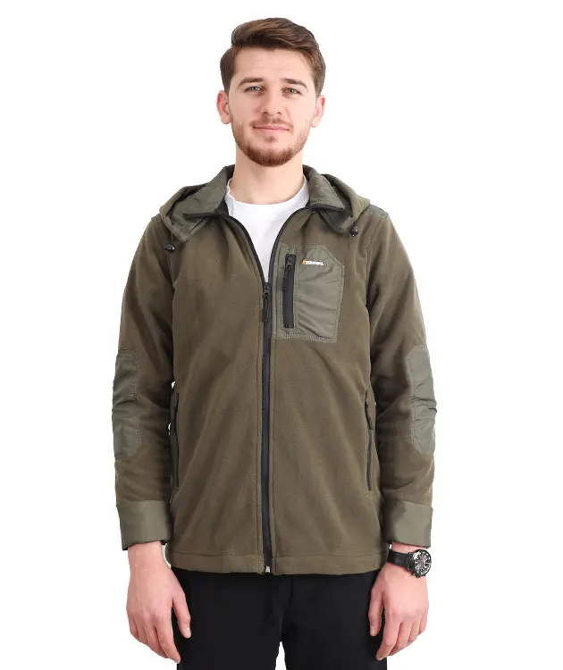 Paraşüt Kumaş Garnili Kapüşonlu Polar Ceket - ZBPRECKTT15-Haki-1