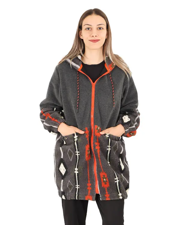Antrasit/Turuncu Kilim Desenli Kadın Polar Ceket - ZBPLRKLMLK2 STANDART